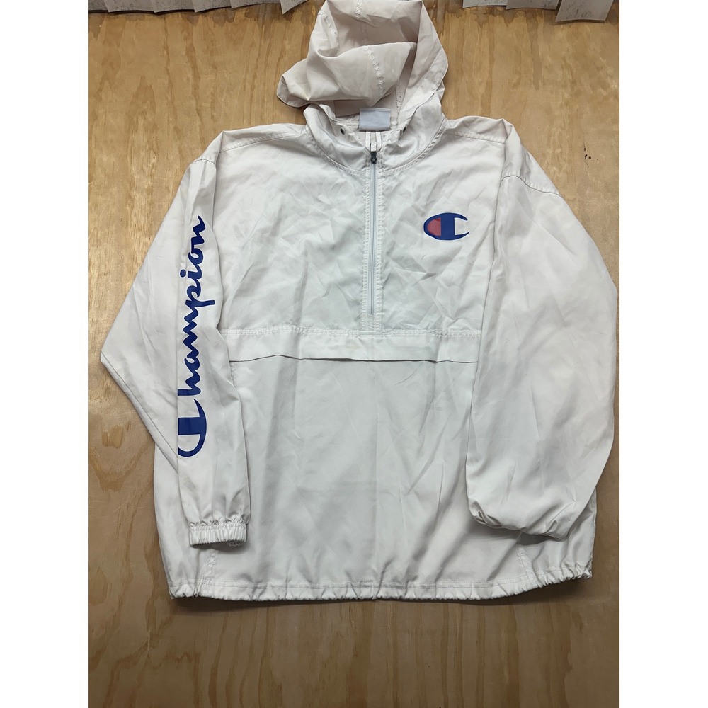 Champion Mens White Quarter Zip Packable Windbreaker Jacket 2XL Authentic Logo